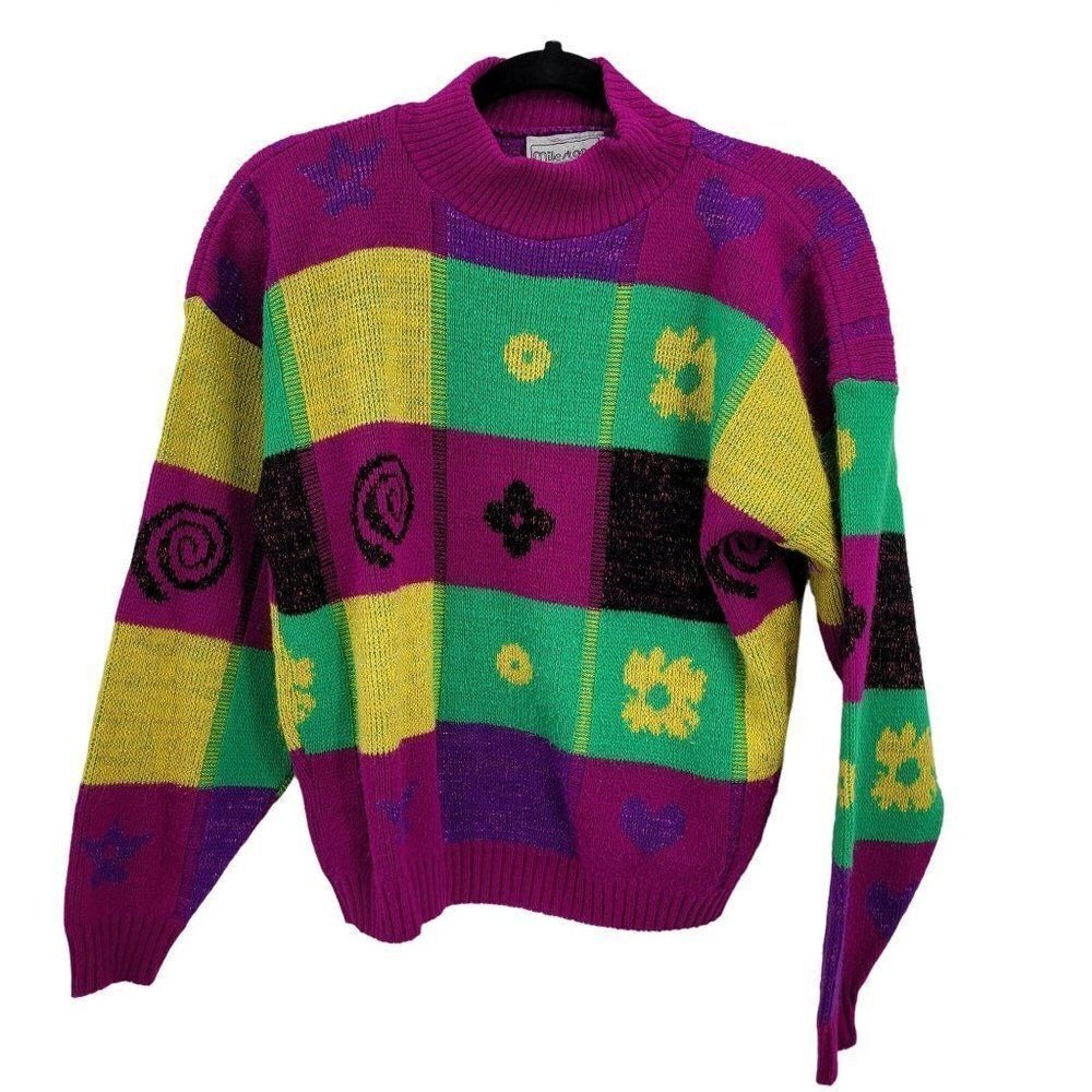Vtg 80s Kidcore Bright Patchwork Sweater Multicolor Metallic Hearts Swirls M